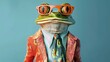 © Business Pics - Cool looking frog wearing funky fashion dress - jacket, tie, glasses. Wide banner with space for text left side. Stylish animal posing as supermodel. Generative AI