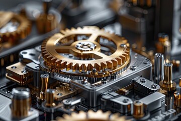 Aufkleber - Close-up perfectly working mechanism consisting of gold, silver metal gears