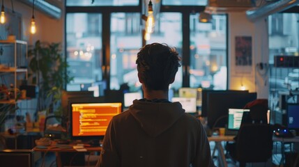 Technology Concept : a group man of developers with monitors showing lines of code in the office