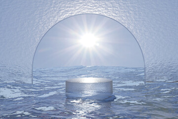 Wall Mural - Abstact 3d render Natural pedestal background, Ice podium floating on the sea with glass arch and The sun is shining brightly for product stand display, advertising, mockup or etc
