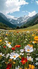 Wall Mural - Vibrant Wildflower Meadow in Majestic Alpine Valley Landscape Serene Natural Scenery with Copy Space