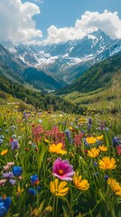 Canvas Print - Vibrant Mountain Valley Wildflowers in Bloom Stunning Scenic Landscape with Majestic Alpine Peaks and Lush Meadow Foliage