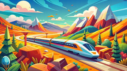 Wall Mural - High-speed train journeys through changing landscapes, depicted in vibrant, passing colors