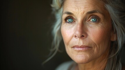 Poster - older woman with a wise and knowing gaze, her serene expression reflecting a lifetime of experiences 