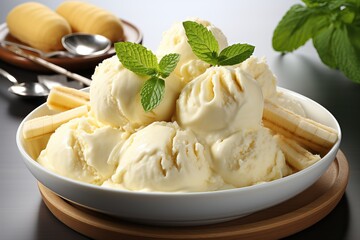 Banana scoops of ice cream in a bowl on a white background.