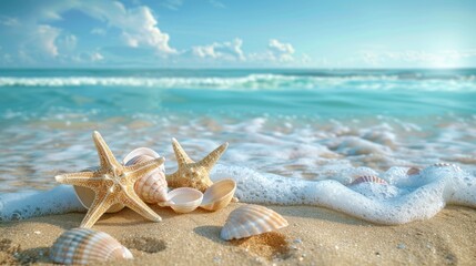 Wall Mural - starfish & seashells starfish and seashells rest on a sandy beach, with turquoise ocean waves and fo