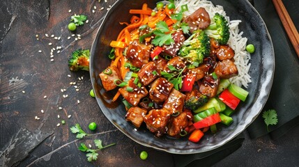 Wall Mural - Asian Pork with Spicy Sauce and Mixed Vegetables