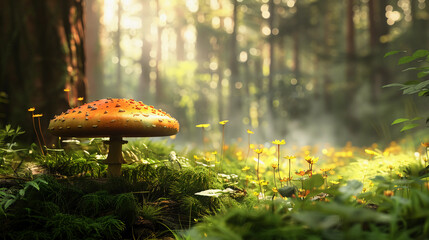 A vibrant red mushroom with white spots perched on a stack of fallen leaves in a forest setting.