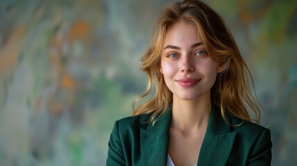 Wall Mural - Business portrait of a young woman in a green blazer