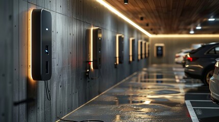 Wall Mural - A row of electric car charging stations are lined up in a parking garage