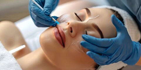 Beauty Concept, a close-up photo of the face and neck, shows an attractive woman receiving hyaluronic acid treatment at a beauty salon. The patient lay on a white table with his eyes closed. She wore 