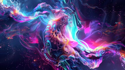 An abstract fluid art background with swirling patterns of neon colors