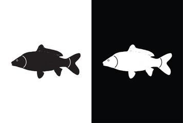 Carp Fish icon black white silhouette. Fisheries logo symbol. silhouette fish on white background, vector illustration