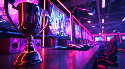 The championship cup gleaming on the esports stage, surrounded by high-end gaming rigs for competing teams, illuminated by vibrant neon lights with a sleek and modern design.