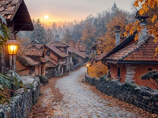 Sticker - AI generated illustration of a serene autumn village scene with a path leading to houses