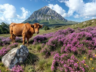 Wall Mural - AI generated illustration of a cow standing on a grassy hillside beside a rock