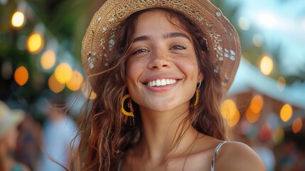 Sticker - beautiful woman with a joyful expression, wearing a sundress and hat