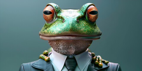 A frog with a suit and tie, Portrait of frog businessman Animal head in business suit.

