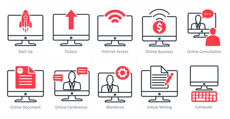 A set of 10 business and office icons as start up, output, internet access