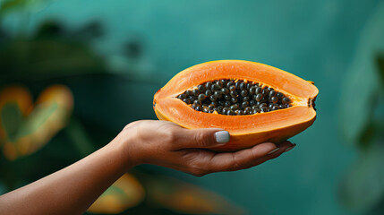 Half of fresh natural papaya fruit in a woman hand on emerald background