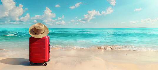 modern red suitcase with sunhat on the tropical beach, travel, relaxation, holiday, vacation concept