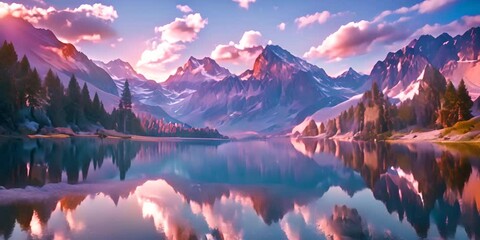 Wall Mural - sunset in the mountains at a calm lake reflecting the peaks 4K Video.