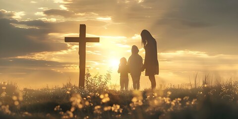 A mother and child pray together at sunset with a large cross. Concept Family Bonding, Spiritual Moments, Sunset Silhouette, Love and Faith