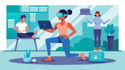 A remote worker using VR to attend a virtual fitness class taught by a trainer from a different country.. Vector illustration
