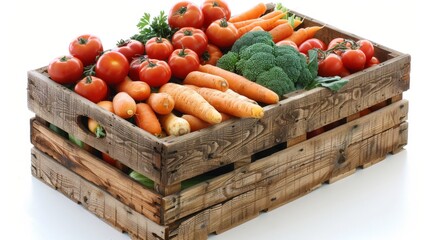 Wall Mural - A wooden crate filled with a variety of vegetables including carrots, tomatoes, broccoli, and cucumbers