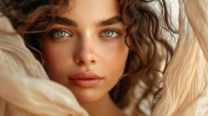 Poster - beautiful young woman with perfect skin, her face framed by soft curls