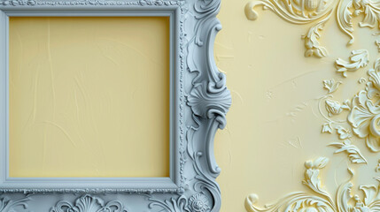 Wide gray frame against pastel yellow baroque wallpaper.