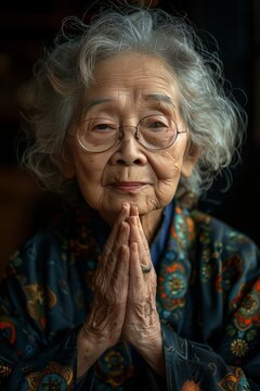 Old asian woman holds her hands in prayer