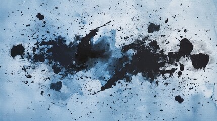 Wall Mural - Artistic black watercolor and ink splatter textures on blue paper background