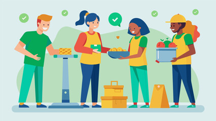 Wall Mural - Volunteers working together to weigh and measure food donations to ensure equal distribution in the packages.. Vector illustration