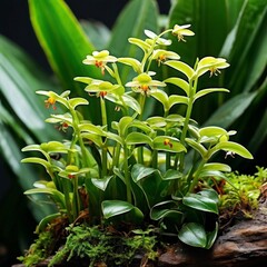 Poster - flowers and grass sitting on a rock near leaves and plants