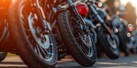 Wall Mural - Motorcycle Wheels Lined Up at Sunset - Chrome and Rubber on the Open Road