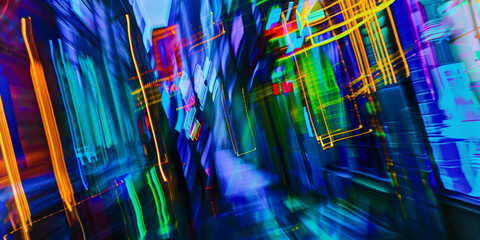 Wall Mural - a blurry of a cityscape with neon lights and buildings