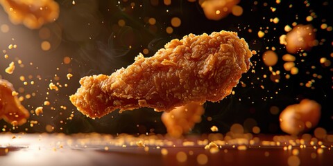 Poster - A spicy crispy fried chicken is flying in the air.