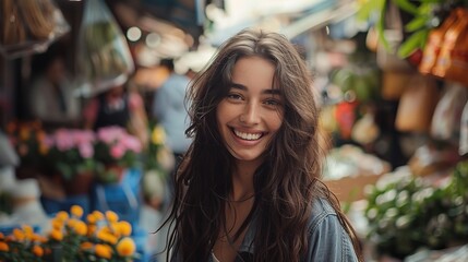 Poster -  beautiful woman in a casual yet stylish outfit, smiling and walking through a vibrant market