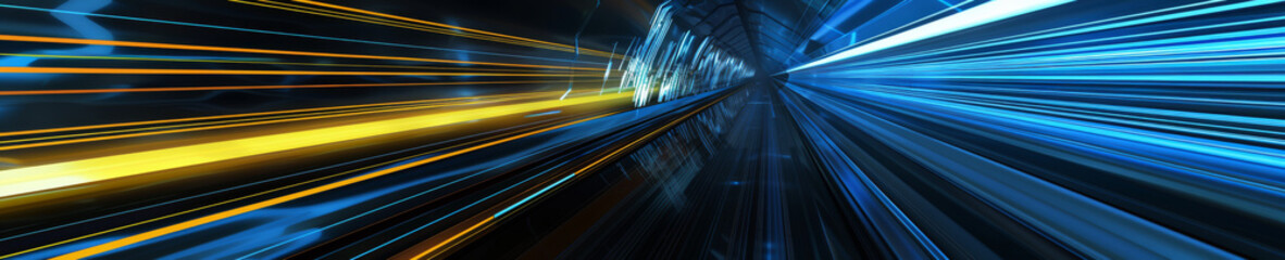 Highenergy particle accelerator corridor with blue and yellow light streaks