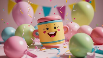 Wall Mural - A cup with a smiley face on it surrounded by balloons, AI