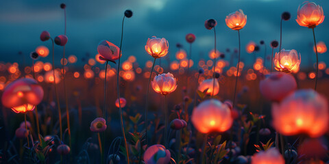 Canvas Print - A field of flowers with many pink flowers and some yellow flowers