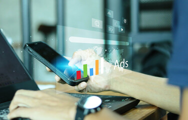 Poster - Online marketing and website advertising concept. Digital marketing strategy analysis to promotion of products or services through digital channels on a dark blue background.	