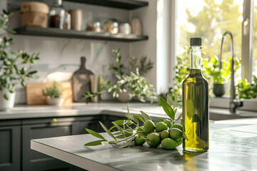 Olive oil in a bottle stands next to olives on the table against the backdrop of a modern kitchen.