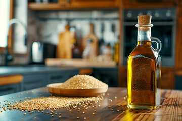 Sesame oil in a bottle stands next to sesame seeds on the table against the backdrop of a modern kitchen