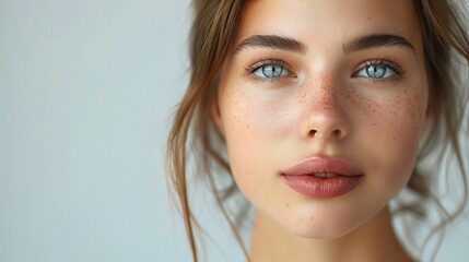 Poster - young woman with clear, glowing skin, her expression calm and confident, against a clean background