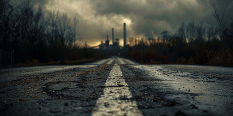 Wall Mural - A road with a line painted down the middle and a city in the background