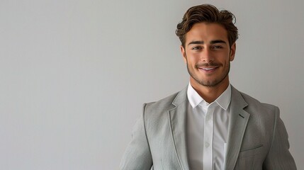 Canvas Print - Professional portrait of a man in a light grey suit against a white background, with a warm smile 