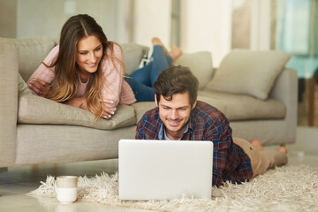 Poster - Home, happy couple and laptop on carpet in living room for streaming movie, online series and comedy. Bonding, connection and people with computer for entertainment, relax and digital show in lounge