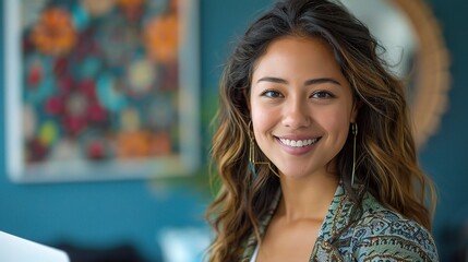 Sticker - Professional woman smiling with a laptop in hand, bright blue background